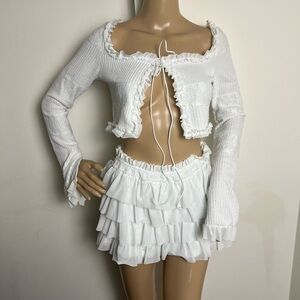 White Ruffled Two-Piece Set White ruffle crop top and bottom set sorelle uk